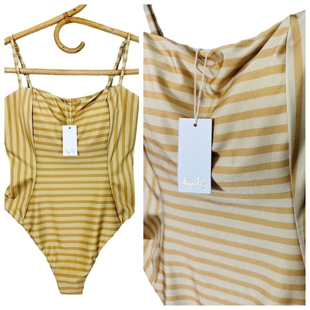 NEW! TIGERLILY VERENA SLOANE Striped Gold Taupe One Piece Swim Bathing S…